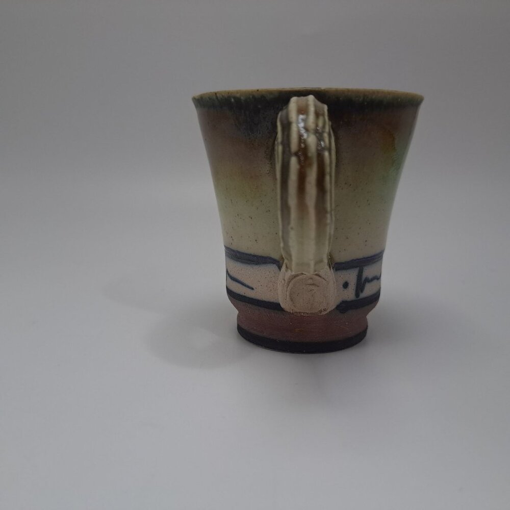 Studio Artisan Pottery Mug Green Brown Glaze Line Accent Coffee Cup Rustic